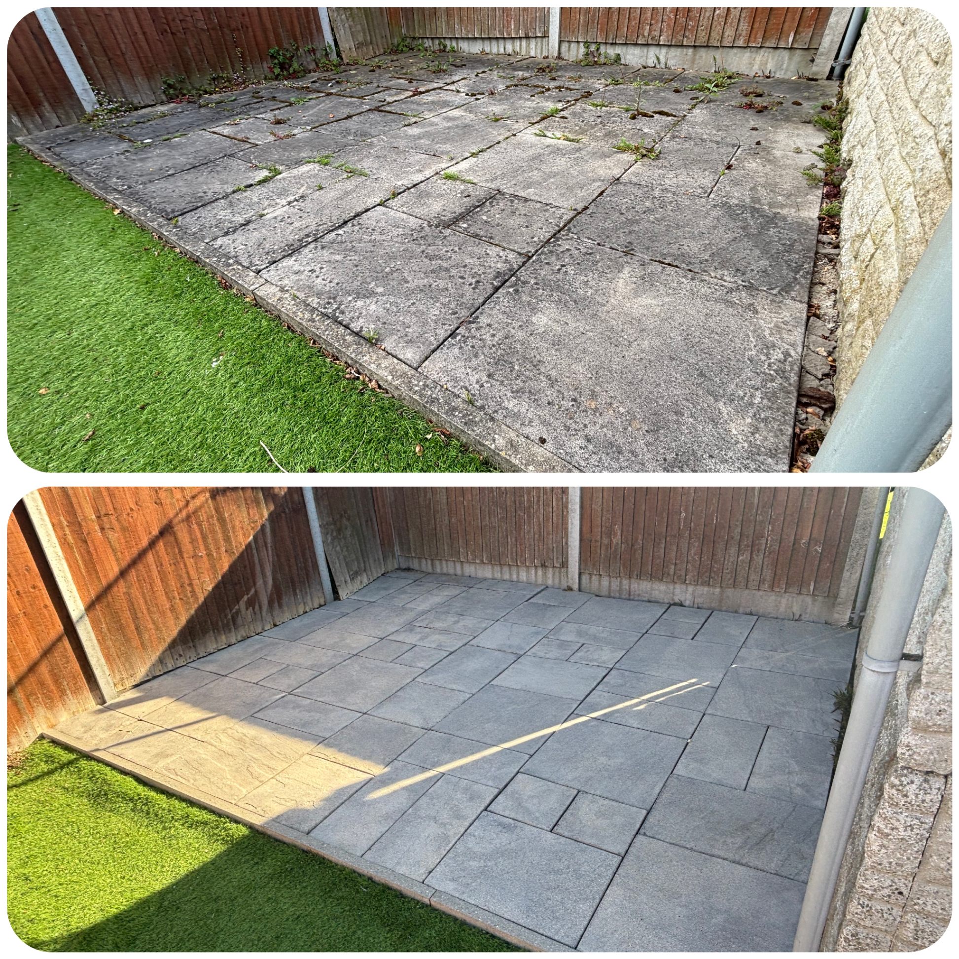 Before and after patio pressure washing at a residential property in Lincoln
