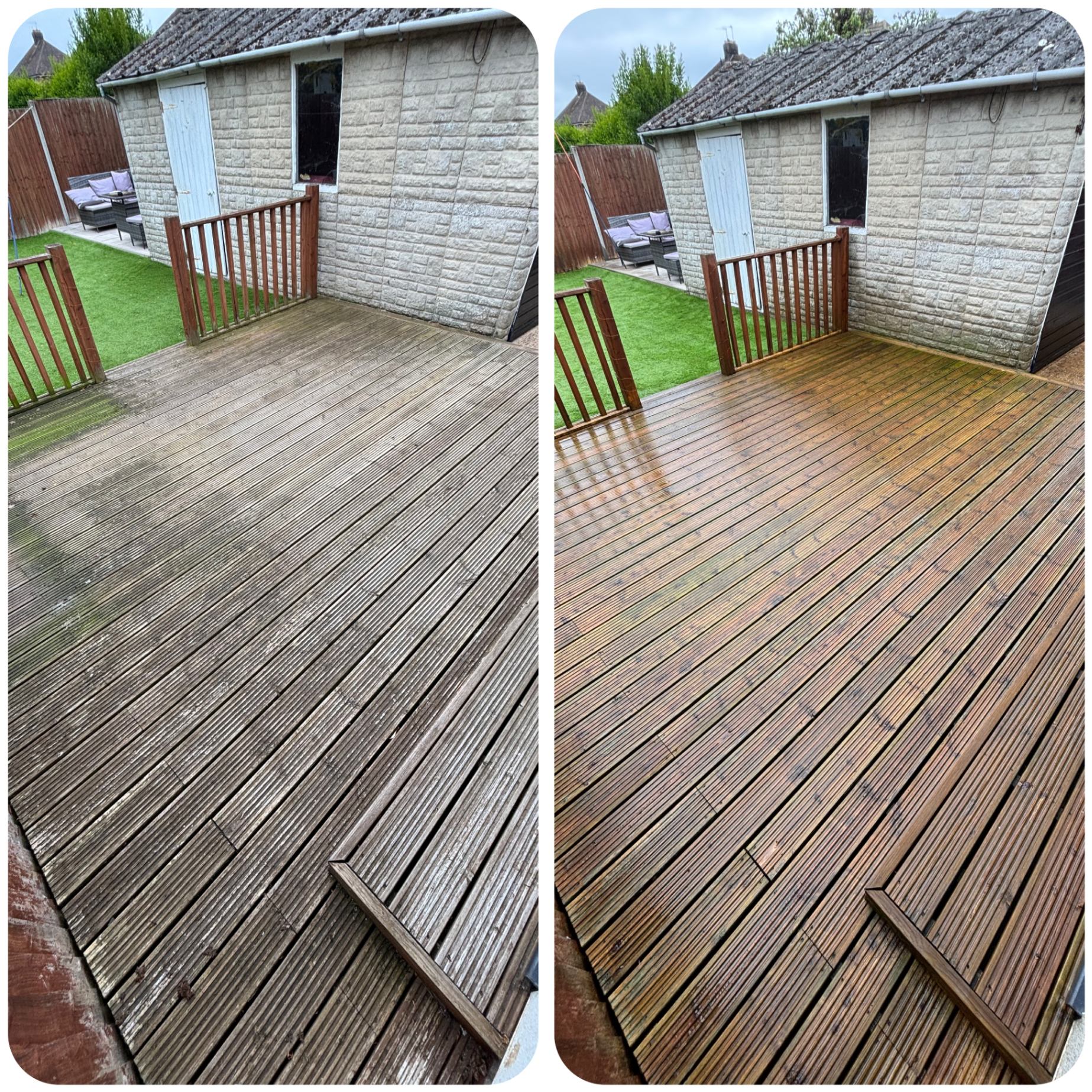 Before and after decking pressure washing at a residential property in Lincoln
