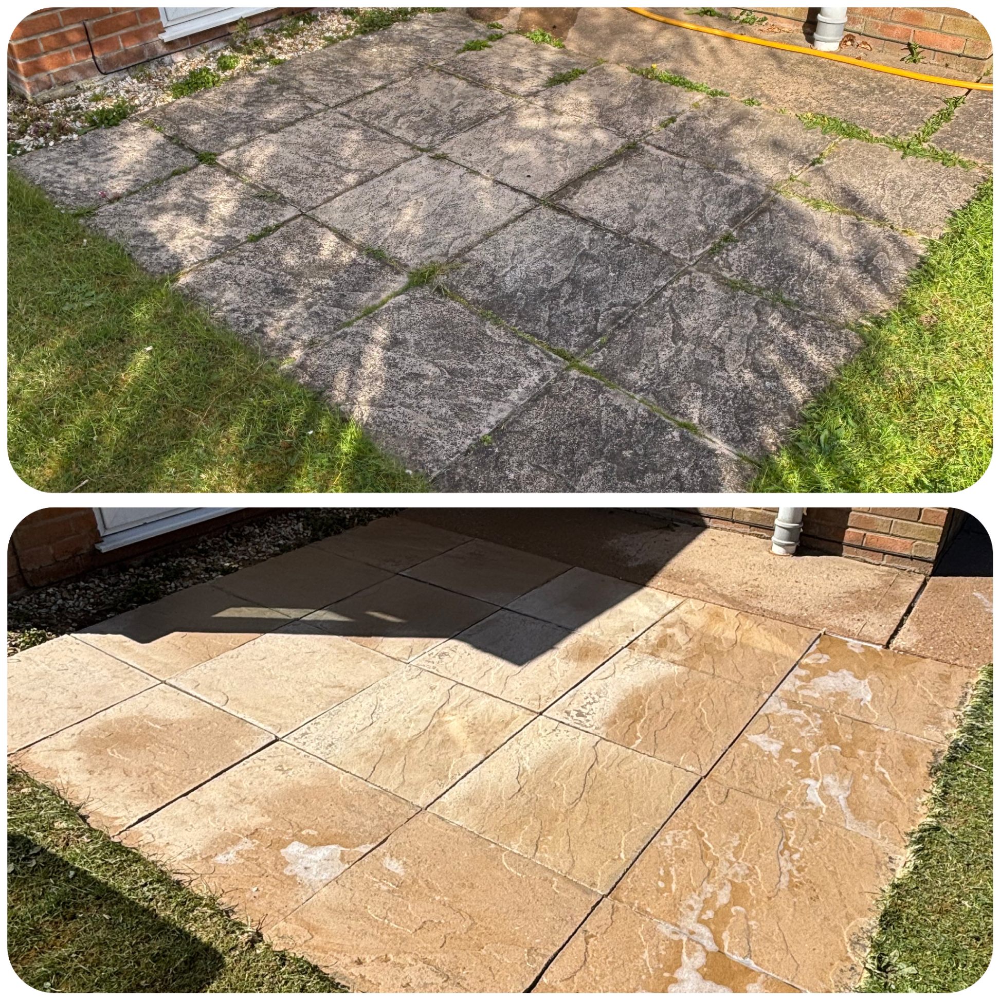 Before and after patio pressure washing at a residential property in North Hykeham